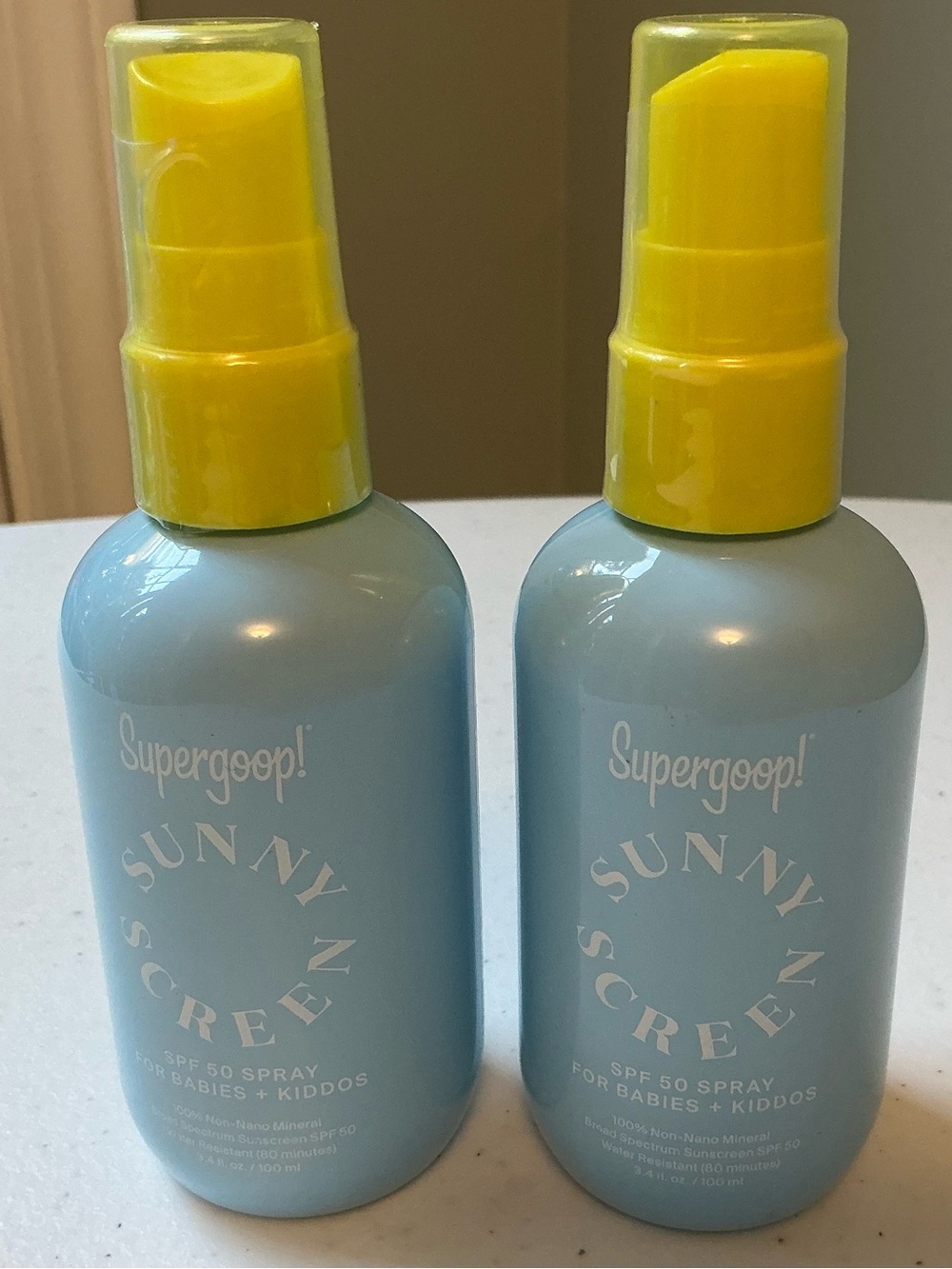 Set of 2 NEW Supergoop Sunny Screen SPF 50 Mineral Baby Spray 3.4 oz ea Exp 2/27